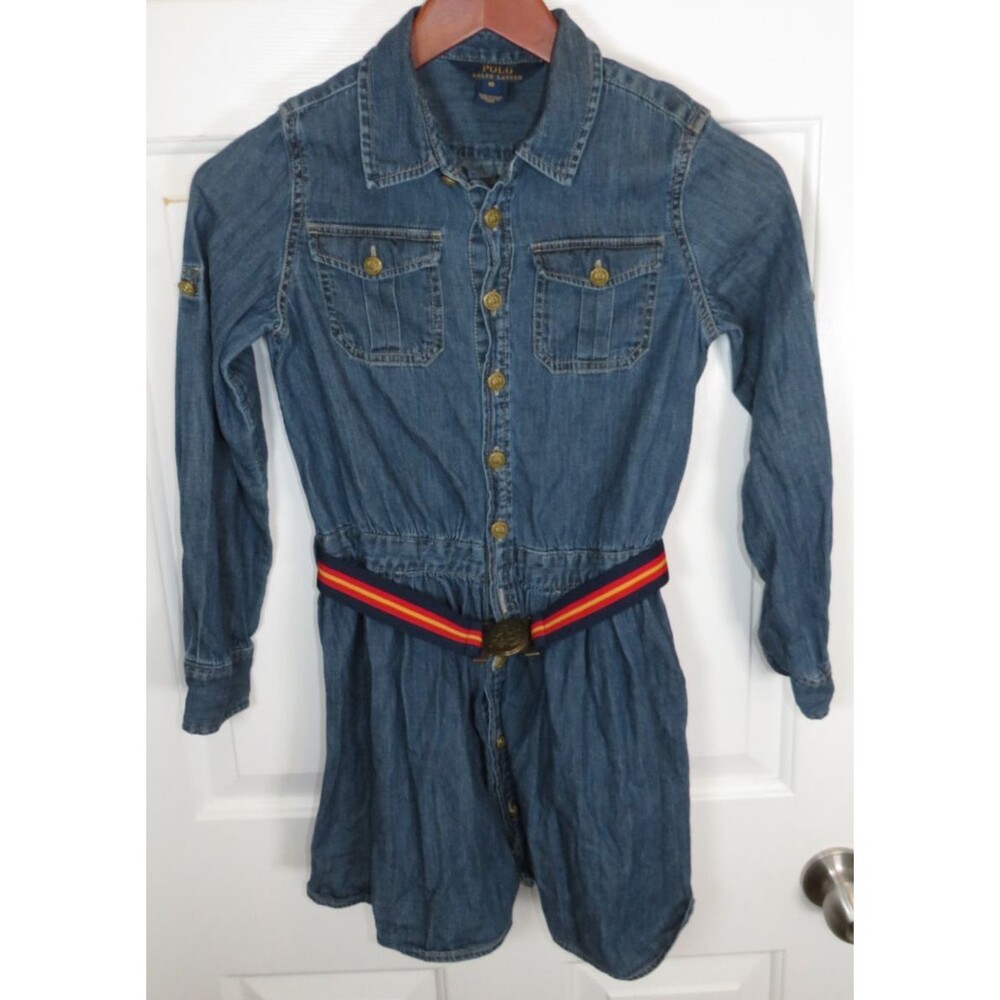 Polo Ralph Lauren Girls Size 10 Denim Long Sleeve Button Up Belted Shirt Dress